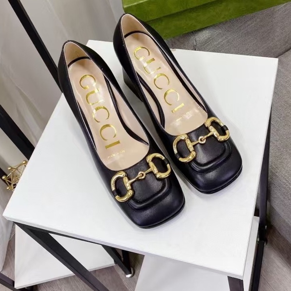 Gucci Women's Black Leather Horsebit Square-Toe Pumps
